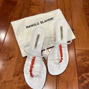 Manolo Blahnik White Sandals with Red Coral Accents